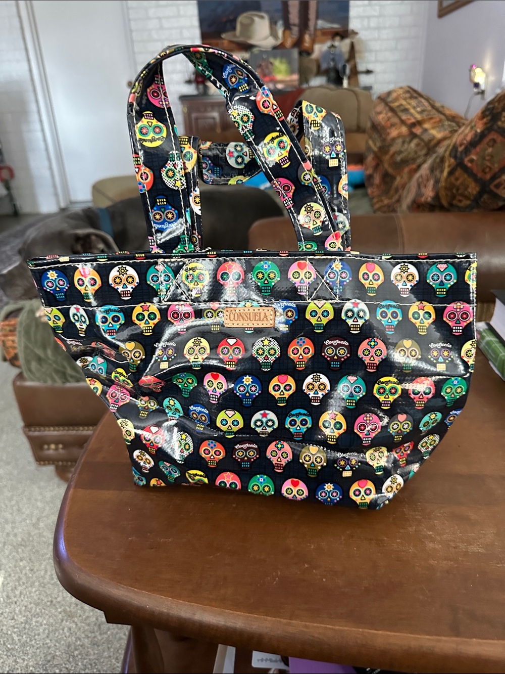Consuela Black Multicolor Sugar Skull Grab and Go Coated Tote